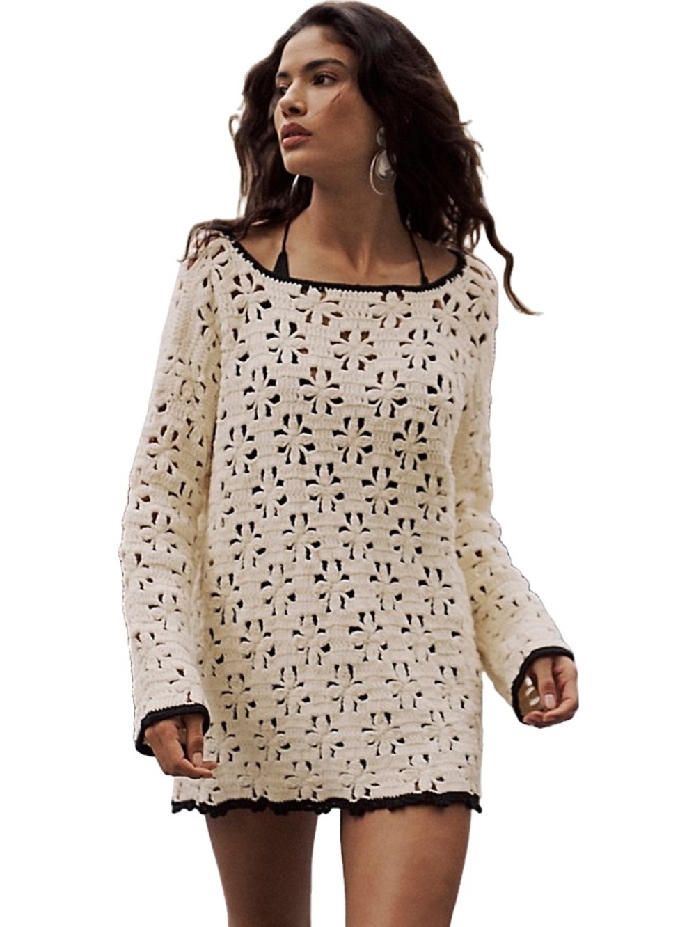 Cream Crochet Cover-Up Tunic with Black Trim - Women Swim